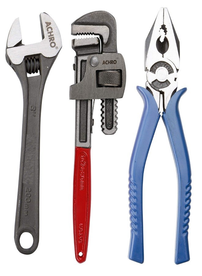 ACHRO Hex 12 Pieces Tool Kit Set for General Use (8 Inch Adjustable Spanner & 10 Inch Pipe Wrench, 8 Inch Combination Plier+ 9Pcs Allen Key Set) - Image 2
